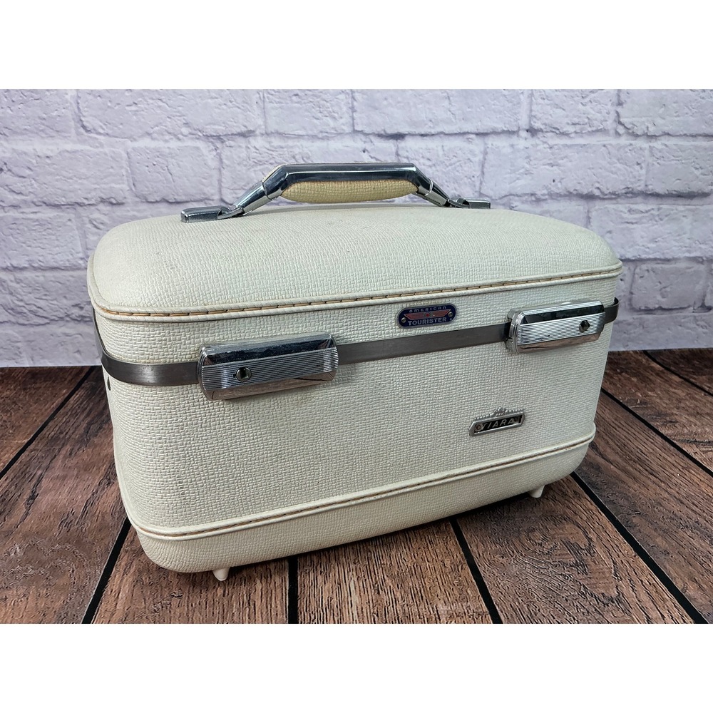 Vintage American Tourister Tiara Cream Hard Shell Train Case Cosmetic Travel